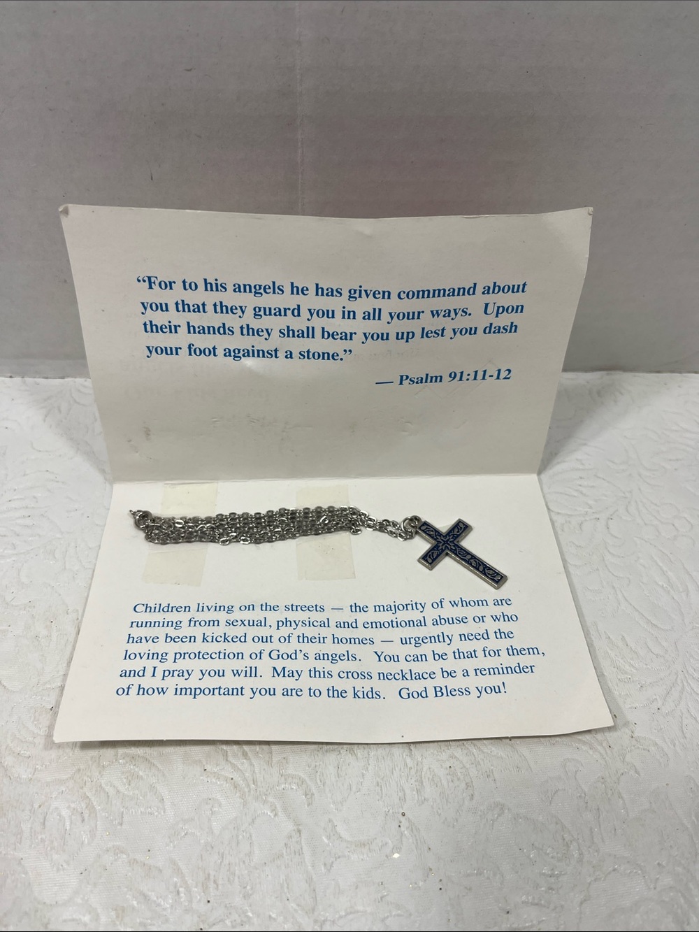 Silver Tone Floral Motifs Cross Blue Pendant Necklace Children’s Angels 20”